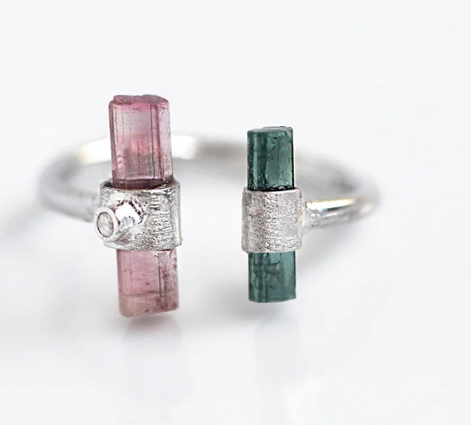 Double Tourmaline Rhodium Plated Ring